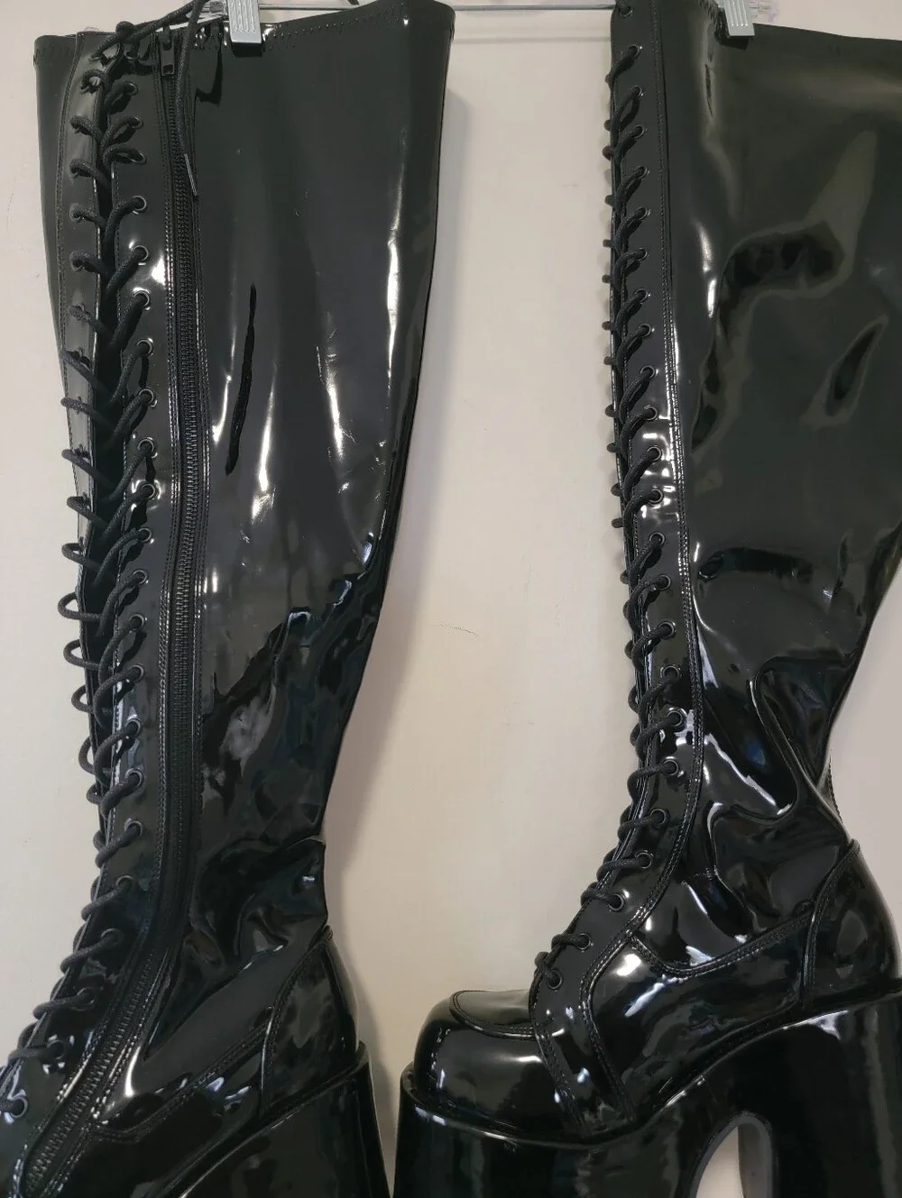 Demonia Camel 300wc High-Shine Black Patent Platform Knee-High Boots